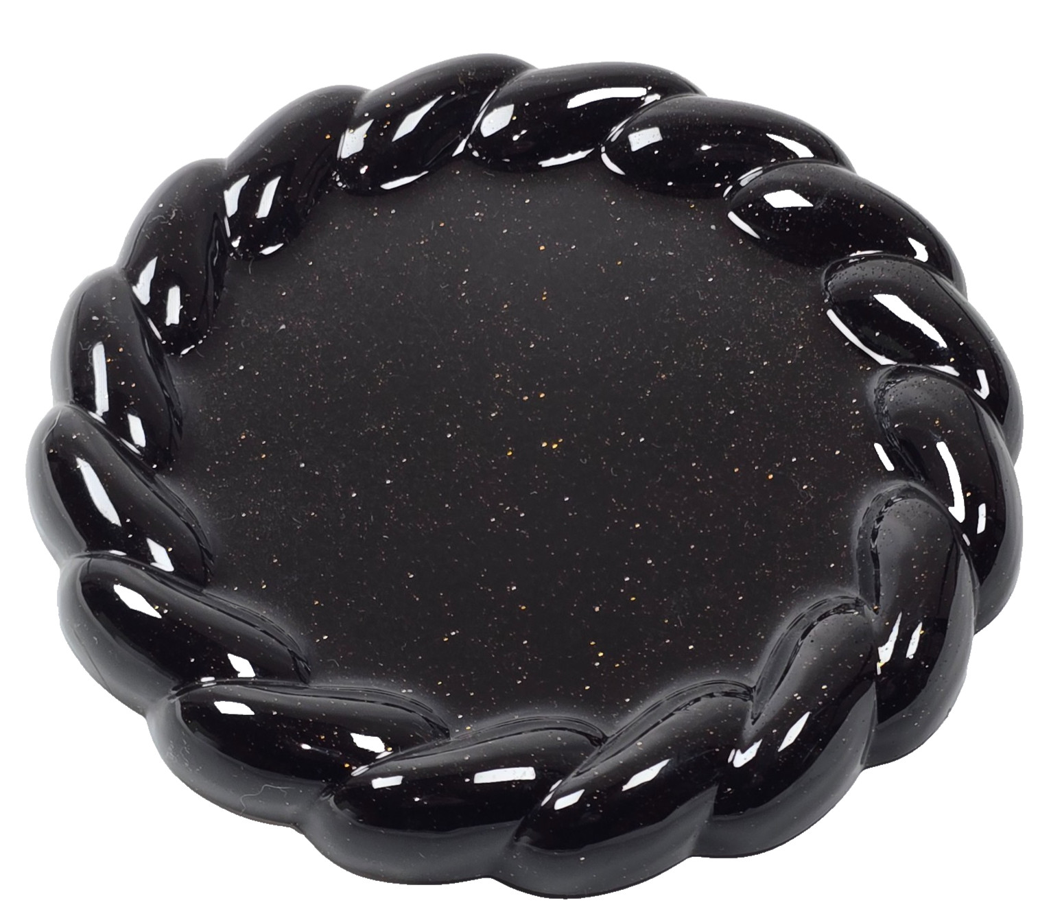 Handmade Resin Round Tray 5.25" Braided Rim Black Gold Night Sky Sparkle Glitter