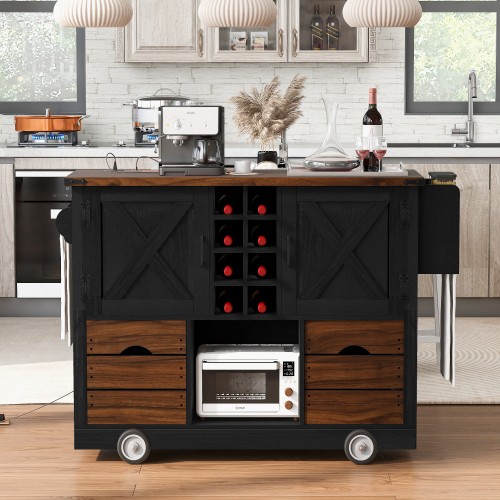 Farmhouse Rolling Kitchen Island Kitchen Storage Cart with 2 Doors, 2 Drawers