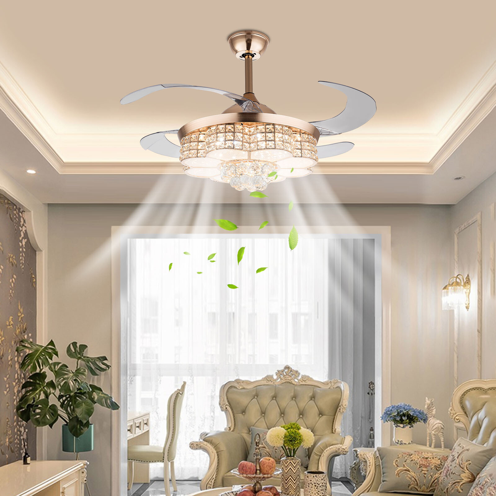 42" Crystal LED Gold Fan Ceiling Light 3-Colors 6 Gears Speed Chandelier Remoter