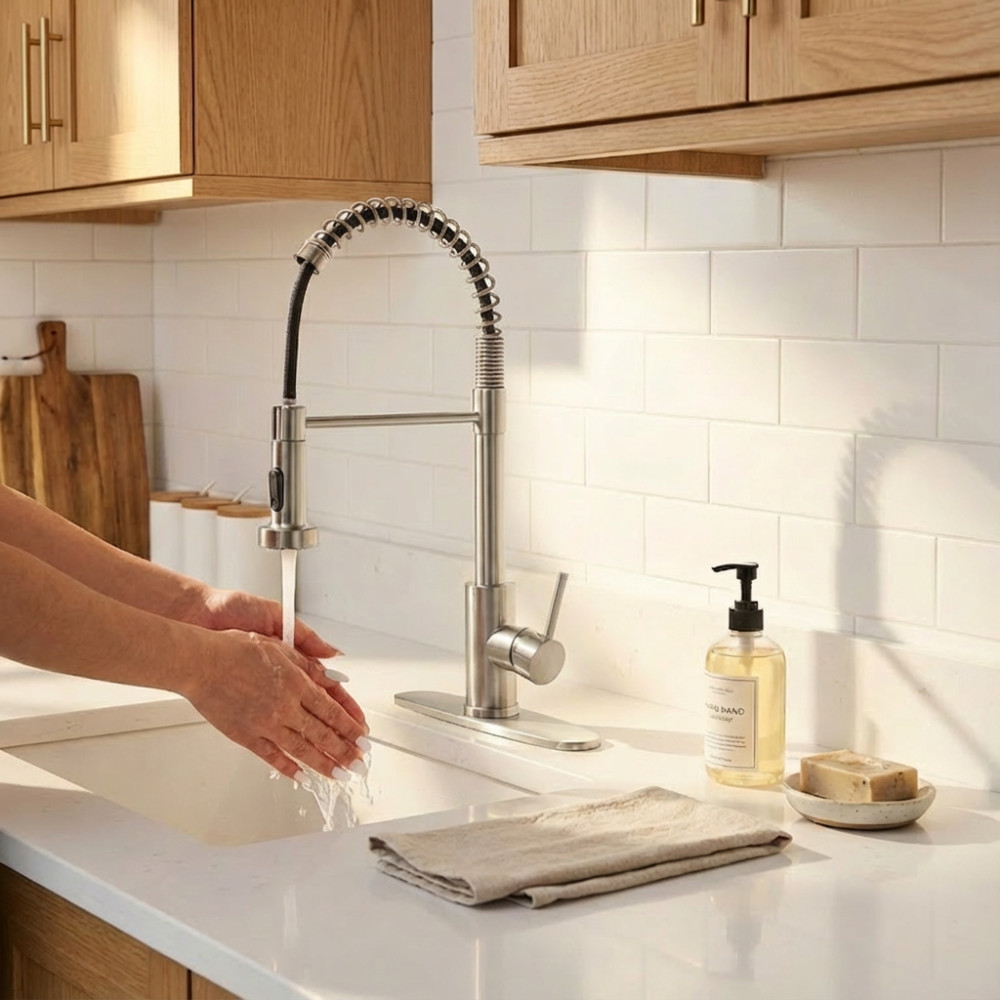 Kitchen Faucet with Pull Down Sprayer Industrial 1 Handle 1 or 3 Hole Stainless
