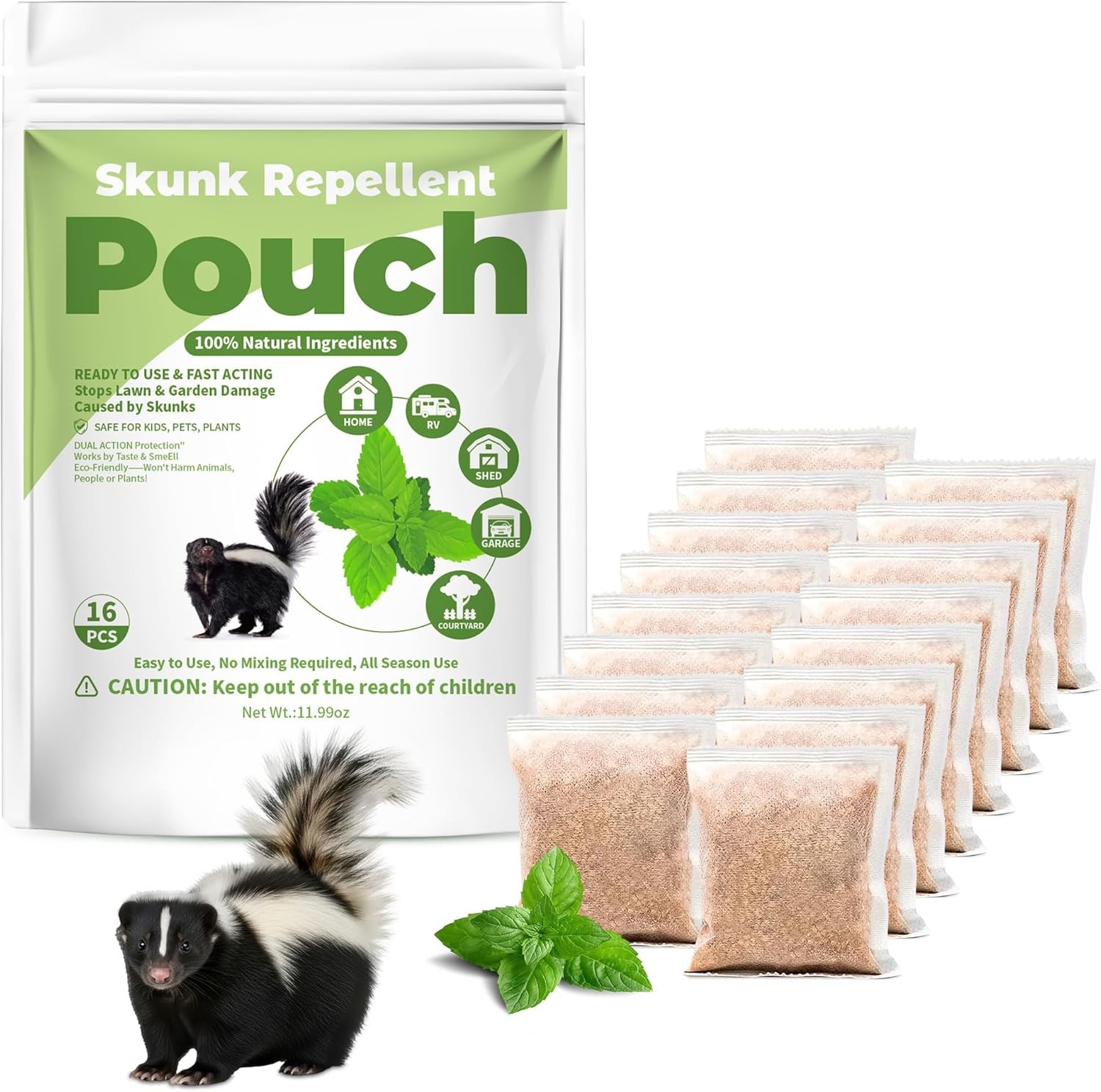 16 Pack Natural Peppermint Skunk Repellent Pouches for Yard, Outdoor Deterrent f