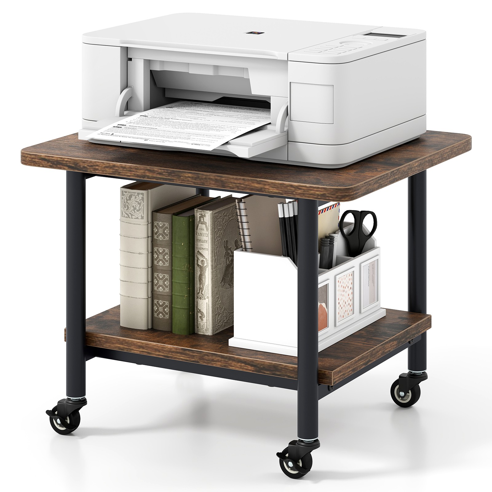 2-Tier Rolling Under Desk Printer Cart Machine Stand Storage Rack Brown