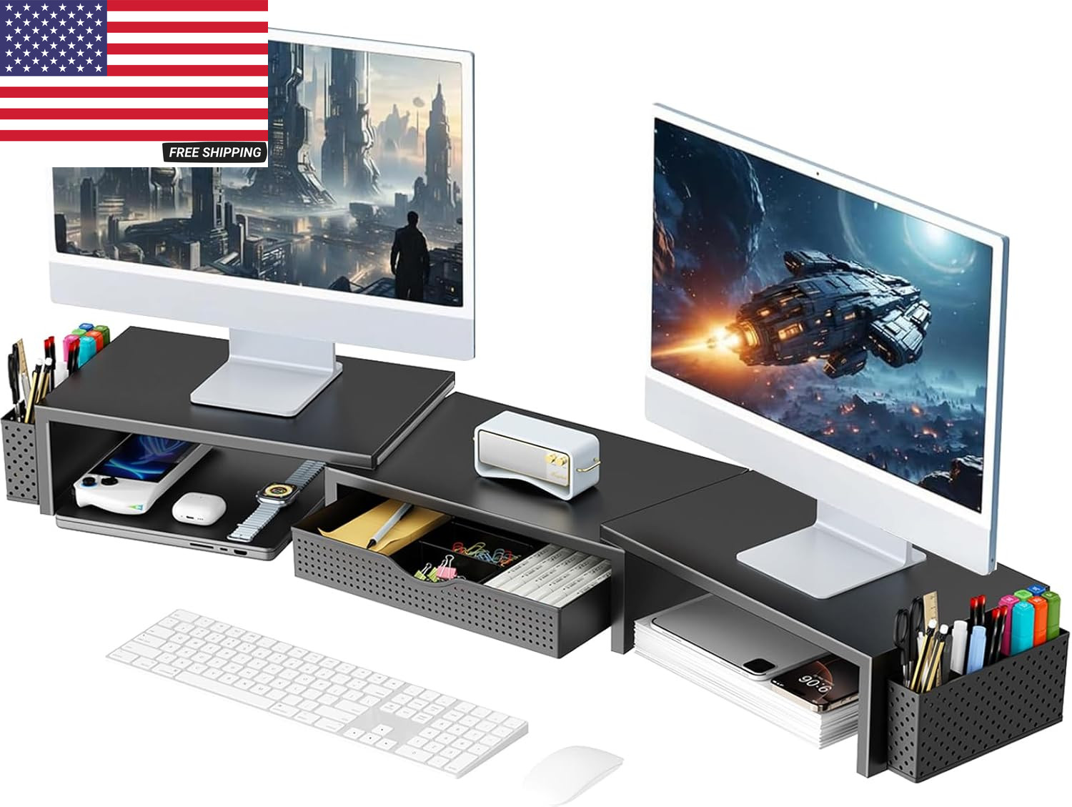 Dual Monitor Stand Riser with Drawer Black Desk Organizer Shelf, Built-in Storag