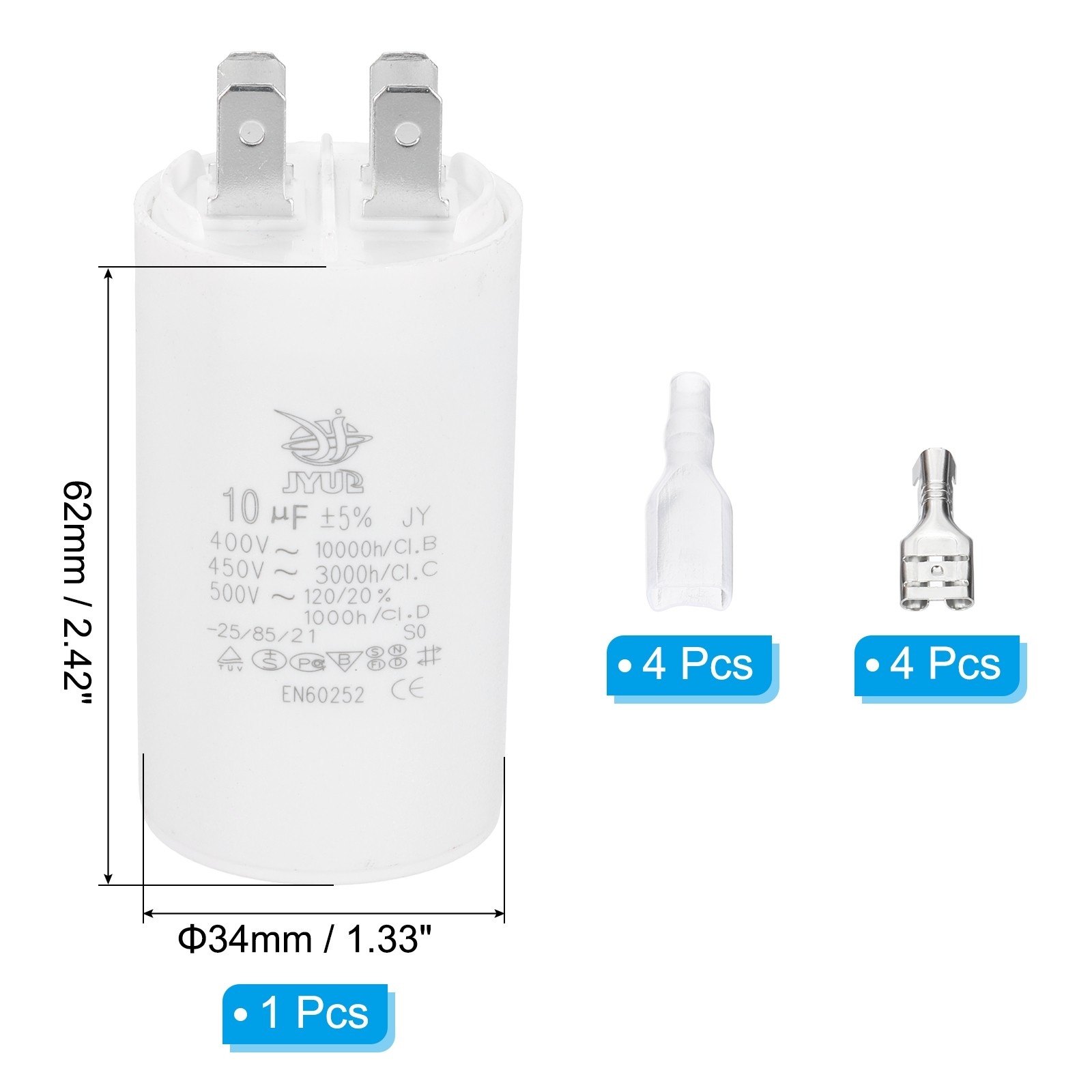 CBB60 10uF Run Capacitor,1 Pcs AC450V 4 Pin Double Insert with Sheath Spring