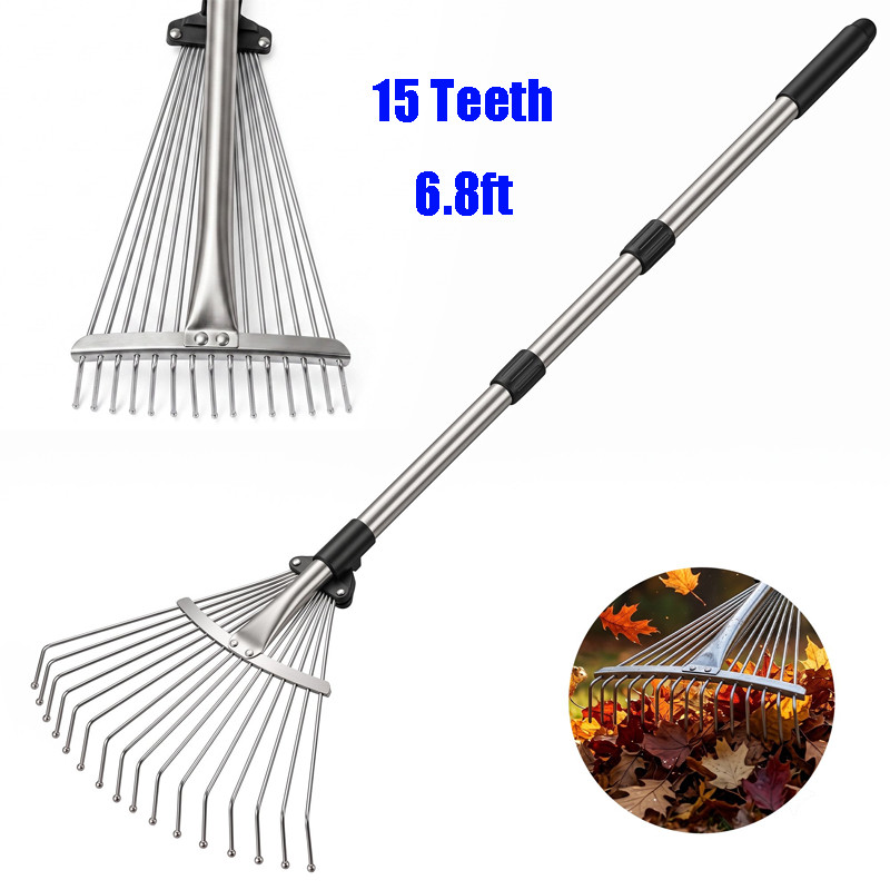 Detachable Telescopic Duty Steel Metal Rake 15 Teeth 6.8ft Long Gardening Rakes