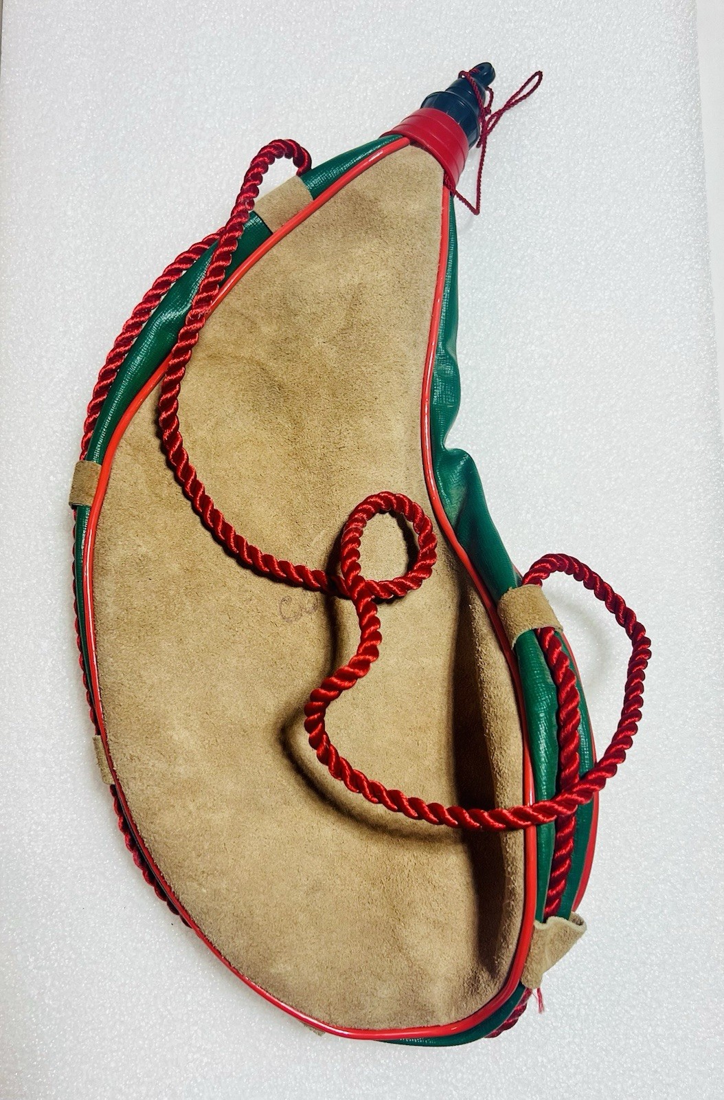 Vintage Bota Bag leather waterskin made in Spain tan red green  w/ carrying rope