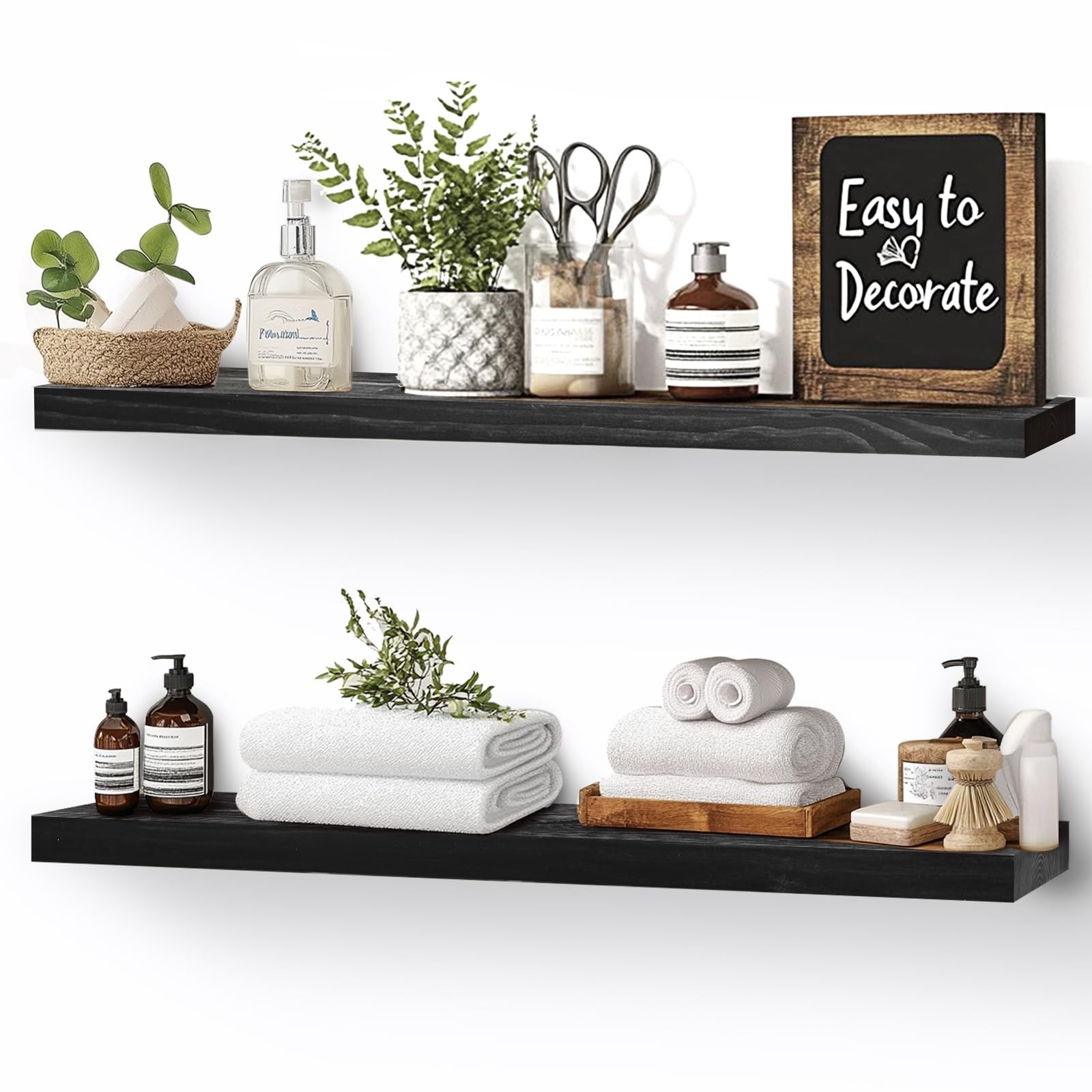 Floating Wall Shelves 2-Pack - Rustic Black 16-inch Wooden Wall Shelves for S...