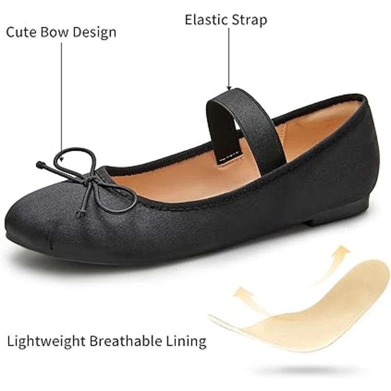 Trary Womens 6 Black Satin Elastic Strap Bow Slide On Closed Toe Ballet Flats
