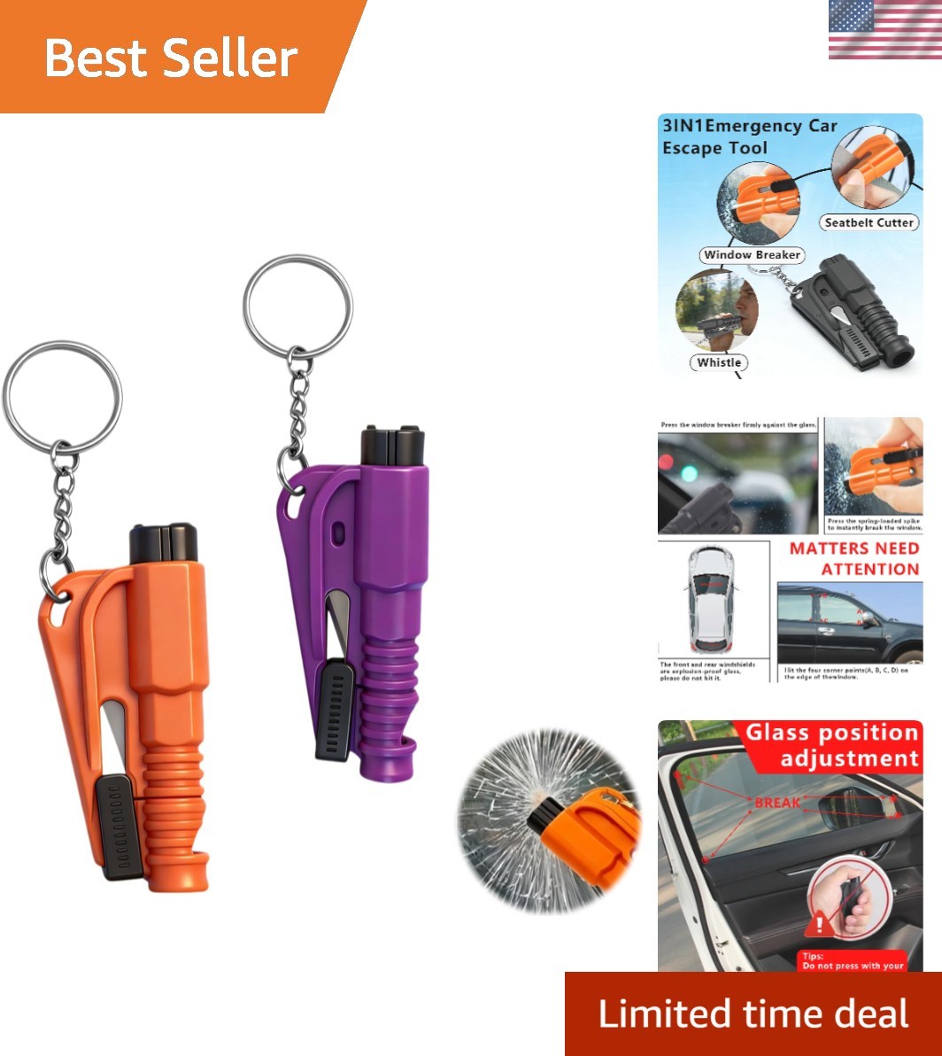 Emergency 3-in-1 Car Window Breaker Tool Keychain - 2 Count, Durable Safety Gear