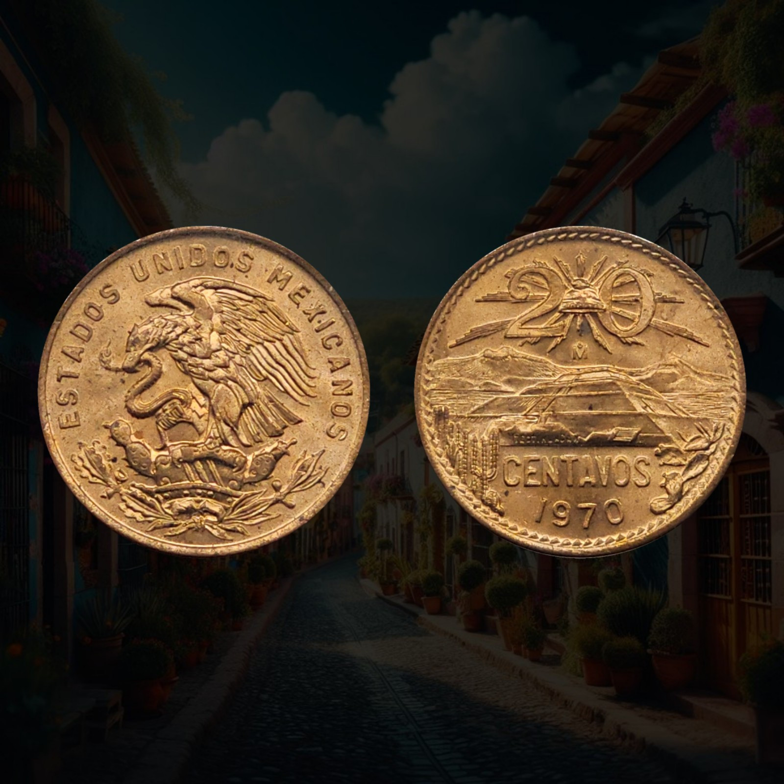1970 Mexico 20 Centavos Coin, radiant Liberty cap, Teotihuacán, Coat of Arms