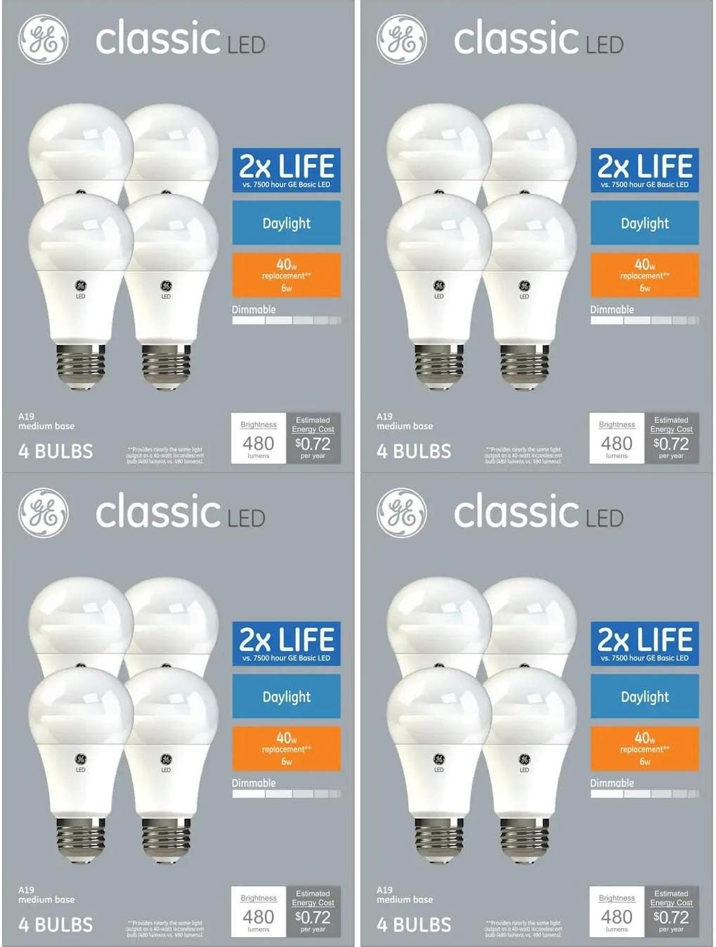 (case of 16 bulbs) GE classic LED, 6 watt, 480 lumen, daylight 5000K, Dimmable,