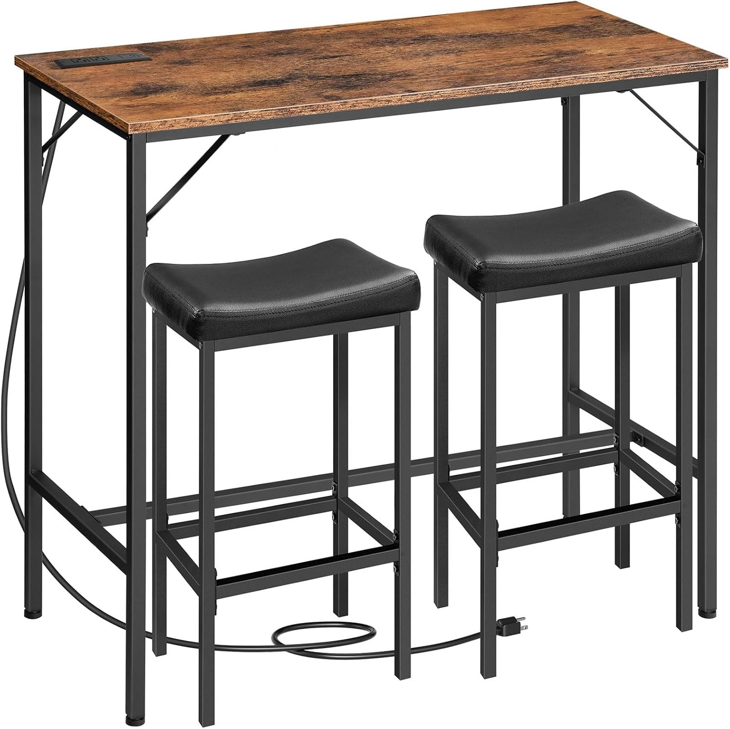 3-Piece Bar Table and Chairs Set, 39.4" Pub Table, High  Bar Table with Charging