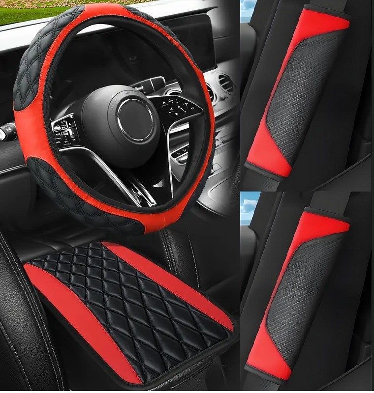 4× Car Seat Belt Liner Covers & Armrest Pad & Steering wheel Cover Auto Set US