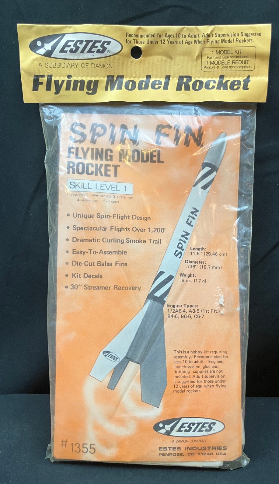 Pristine Yellow Hangtag Estes Spin Fin Flying Rocket Kit #1355 - Sealed