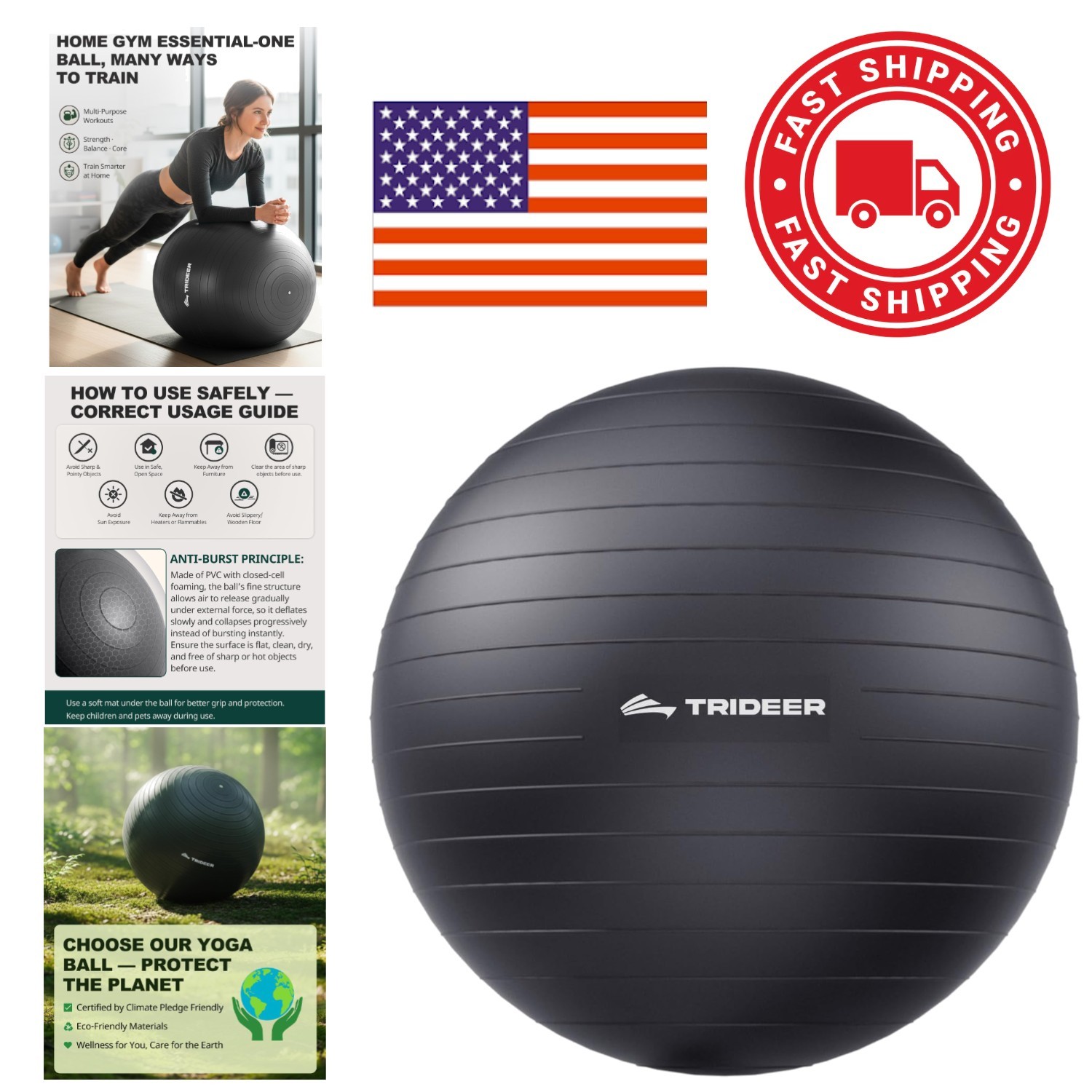 Stability Ball for Core Balance Training 65cm Black PVC with Quick Pump Included
