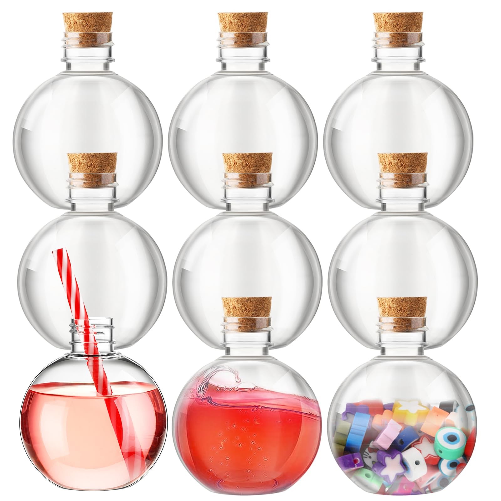 9 Sets 8 oz Spherical Plastic Potion Bottles Funnels Wooden Topper Crafts