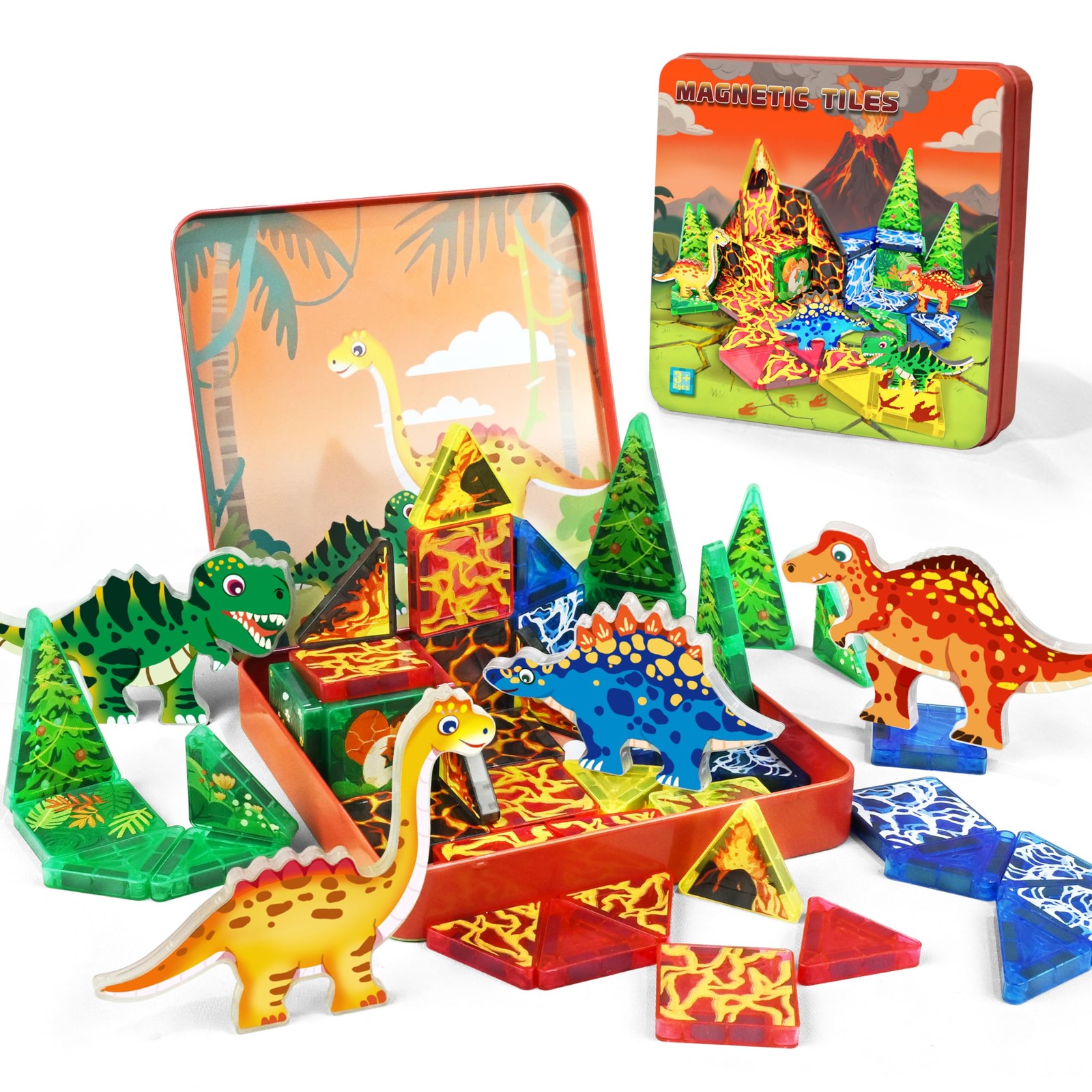 URRLUNA 48pcs Mini Magnetic Tiles Dinosaur Travel Set with Iron Case, Portable S