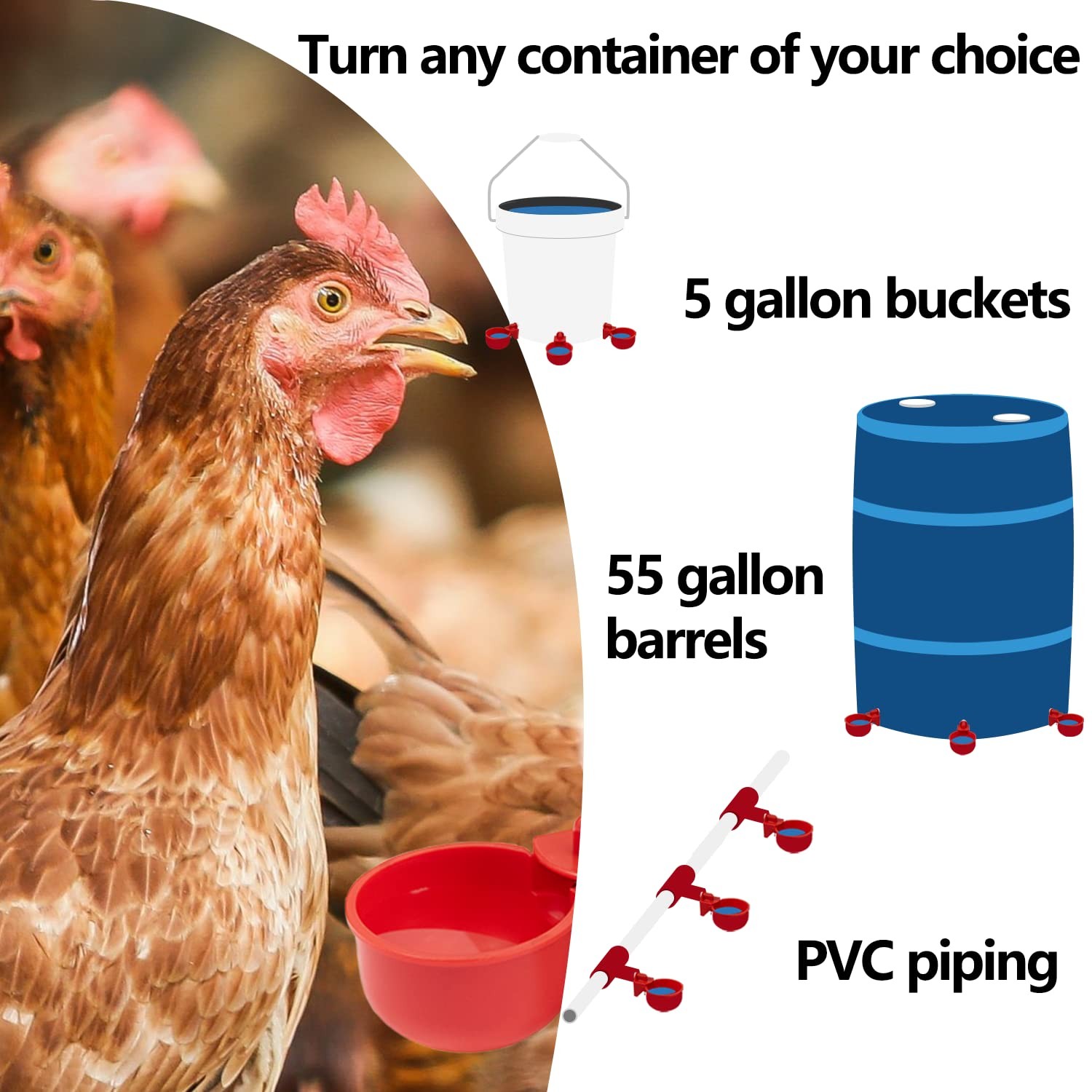 Outdoor 5 Gallon Chicken Waterer - 8 Pack Durable Automatic Cups Included