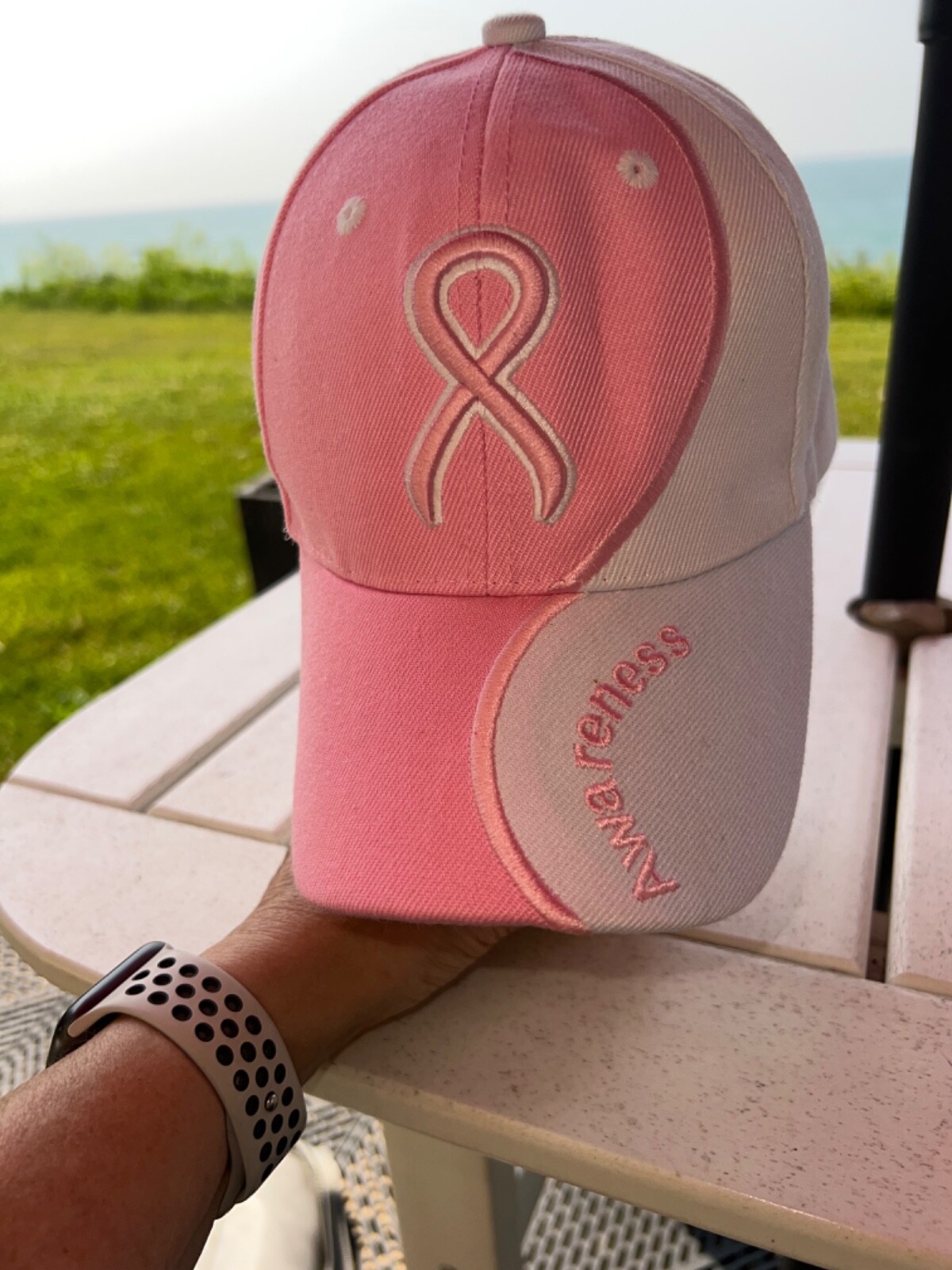 Breast Cancer Awareness Logo on Pink White Hat Cap Hook Loop VGC