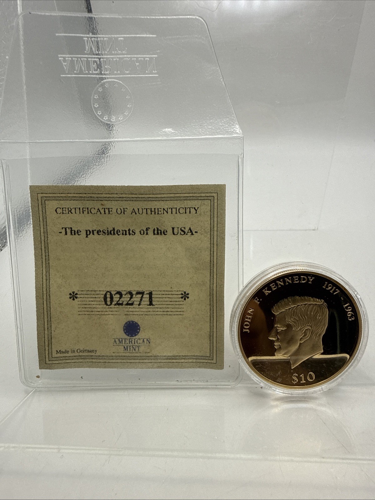 American Mint America's Presidents Coin JFK John F Kennedy Cu/24k Gold Layer COA