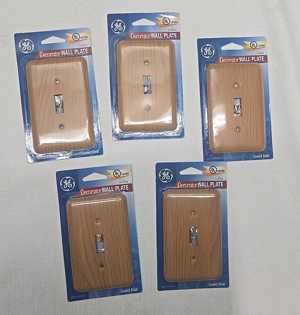 Vtg Lot of 5 GE Decorator Wall Plates Switch Cover Coated Steel Wood Grain