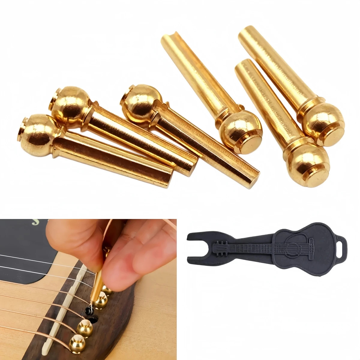 6Pcs Brass Guitar Bridge Pins with Puller Tool Solid Copper Fixed Cone Nails