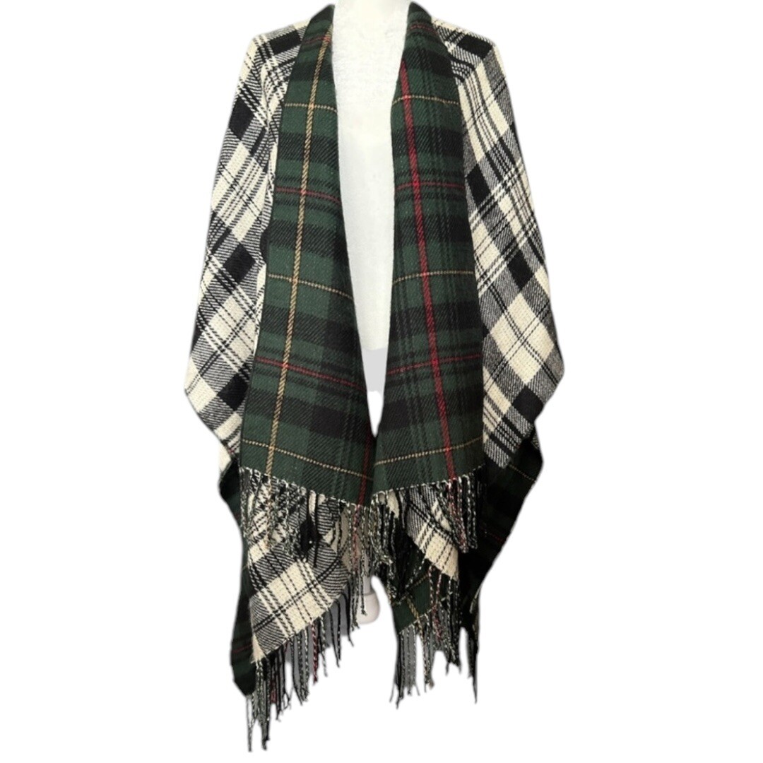 Reversable Green & White Plaid‎ Shawl Wrap Cape With Fringe - one size fits all