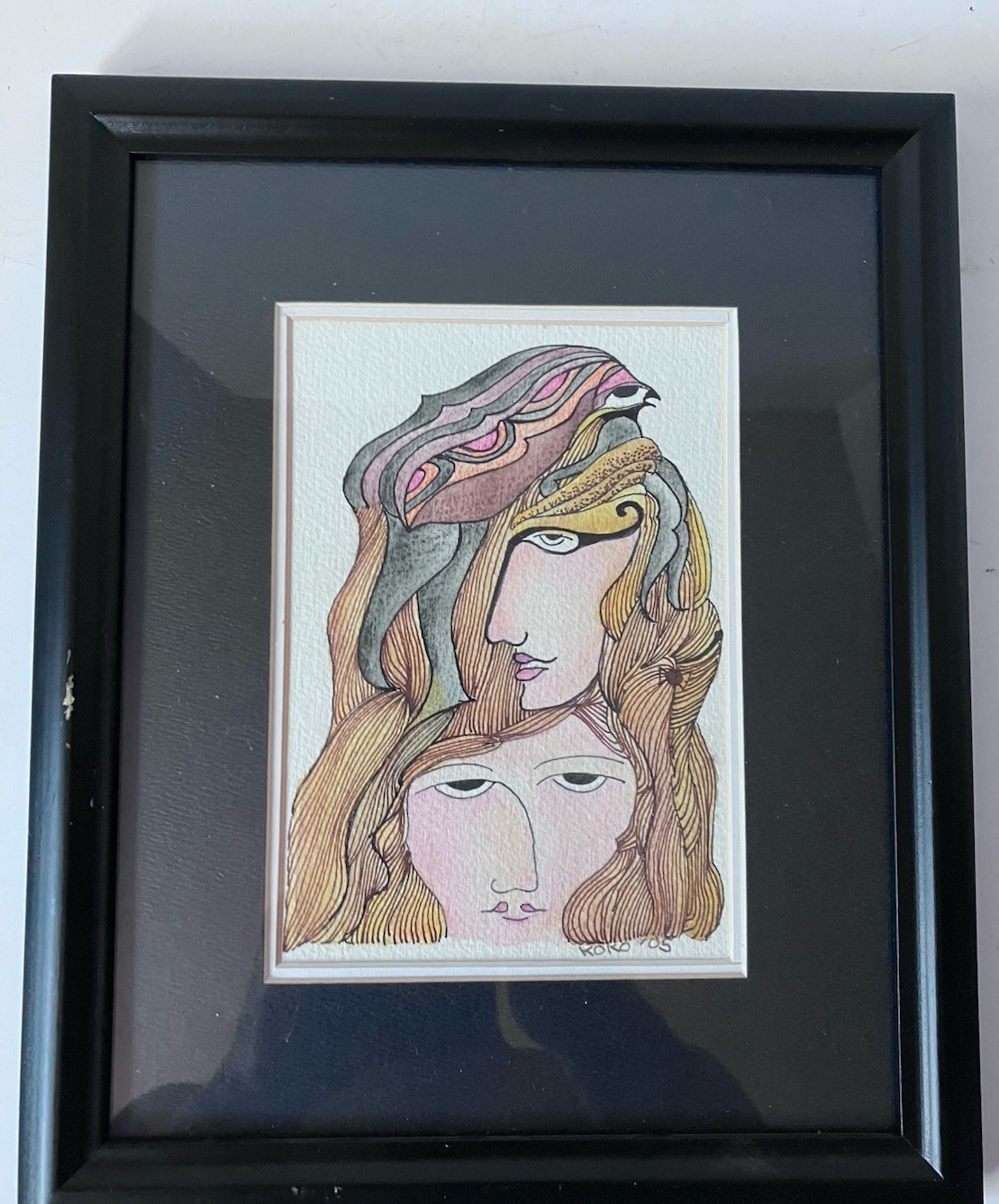 2005 Koko Wollamn Original Pen & Ink Two Faces Framed 9.25"x11.25"