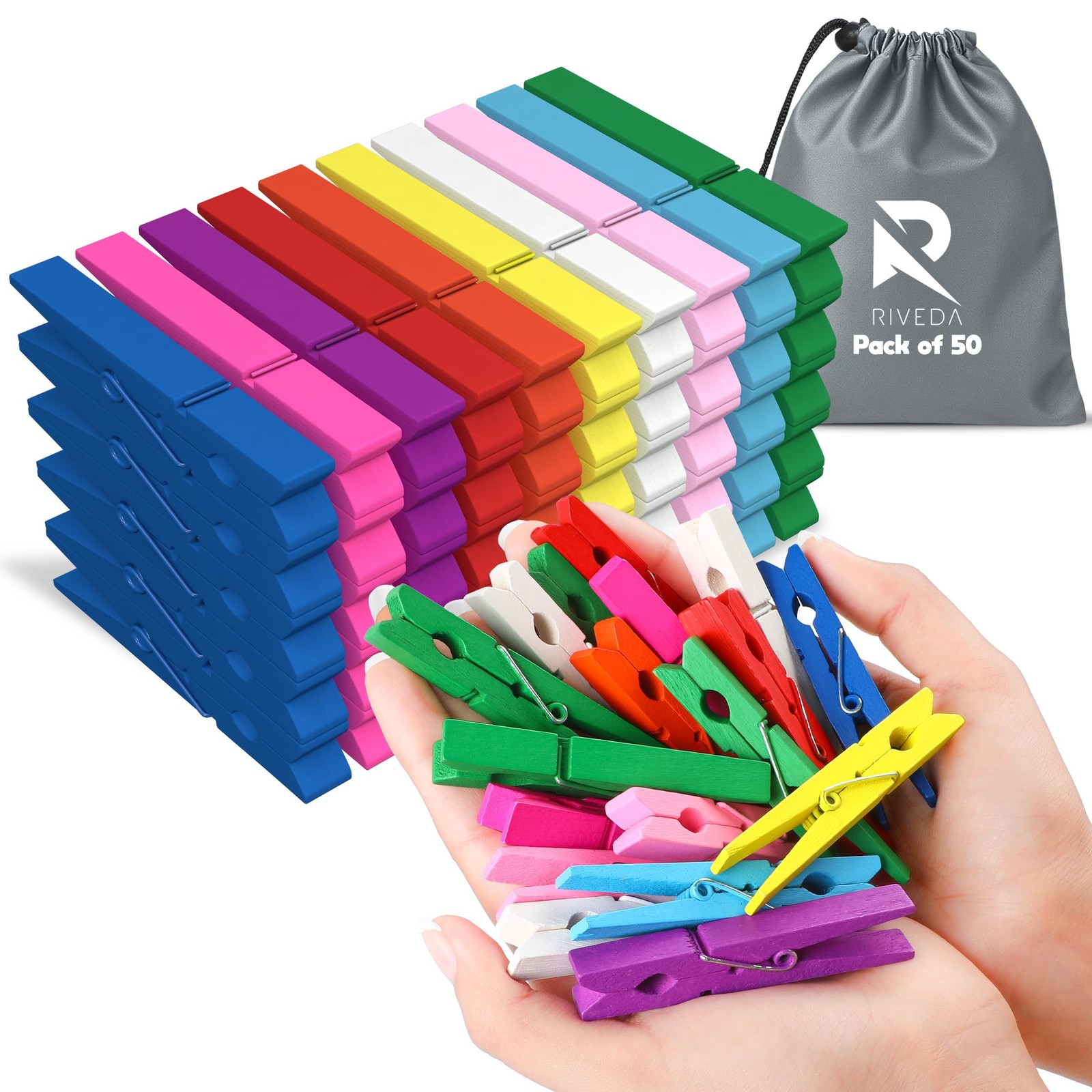 RIVEDA 50pcs Colored Wooden Clothes Pins, 2.9inch 10 2.9 Inch,