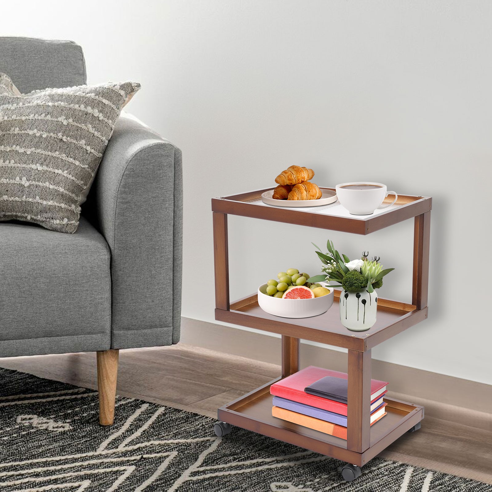 End Table 3-Tier Wood Nightstand End Table for Small Spaces with Open Storage