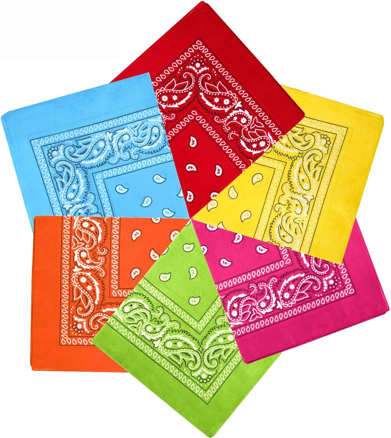 6 Pcs Neon Color Cowboy Bandanas for Men Women Assorted Paisley Pattern Handkerc