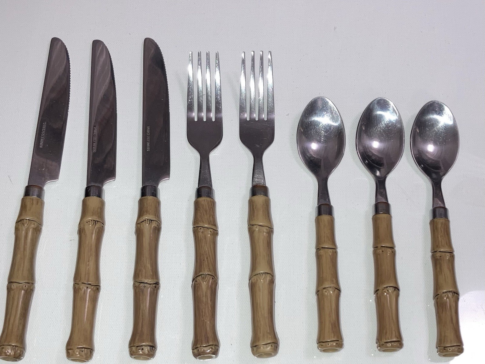 Faux Bamboo Handle Stainless Steel 8 Piece Flatware Lot - Tiki