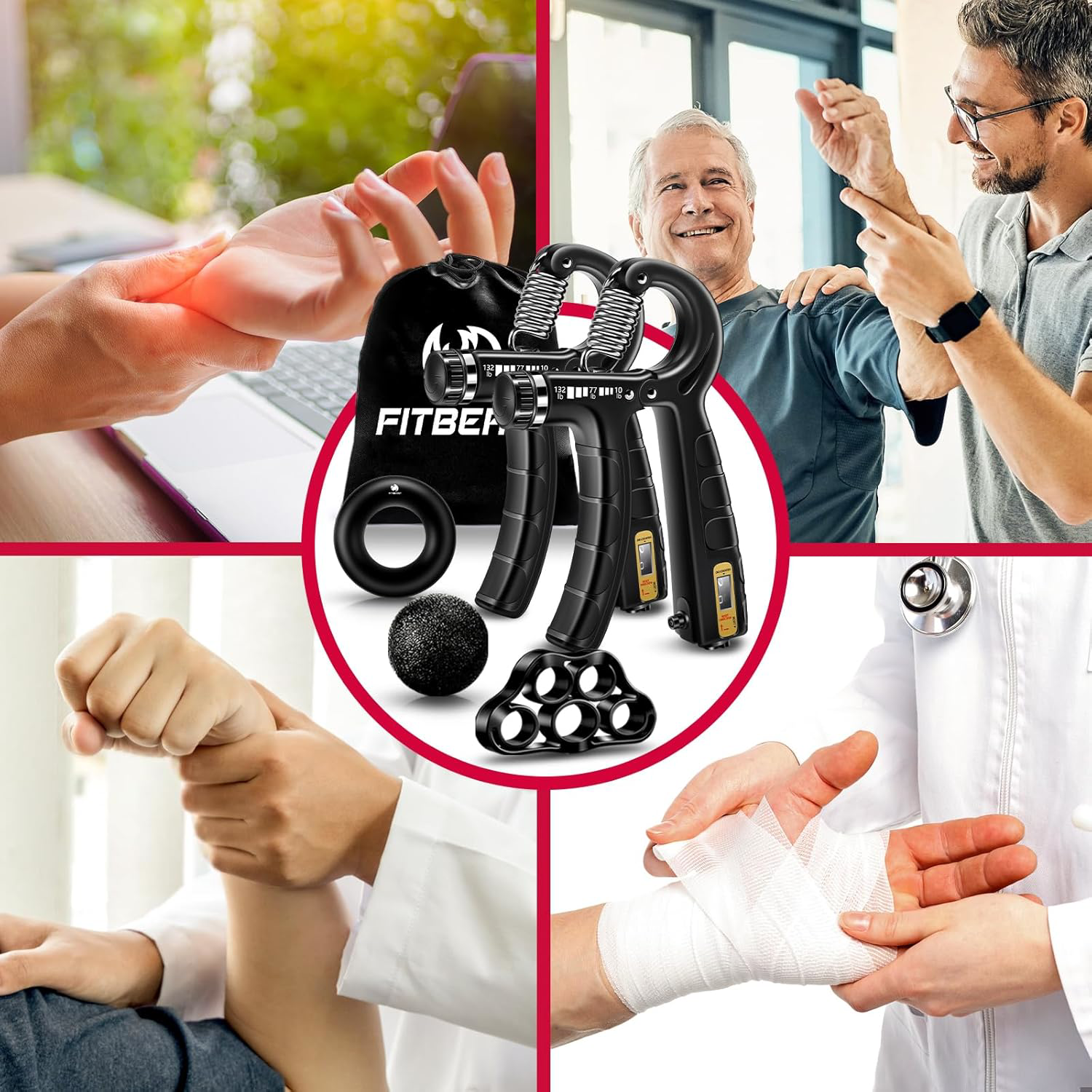 FitBeast Hand Grip Strengthener Workout Kit 5 Pack, 2 Forearm Grip Adjustable &