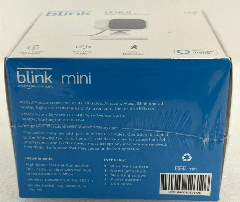 Blink Mini Compact indoor plug-in smart security camera 1080p HD, New