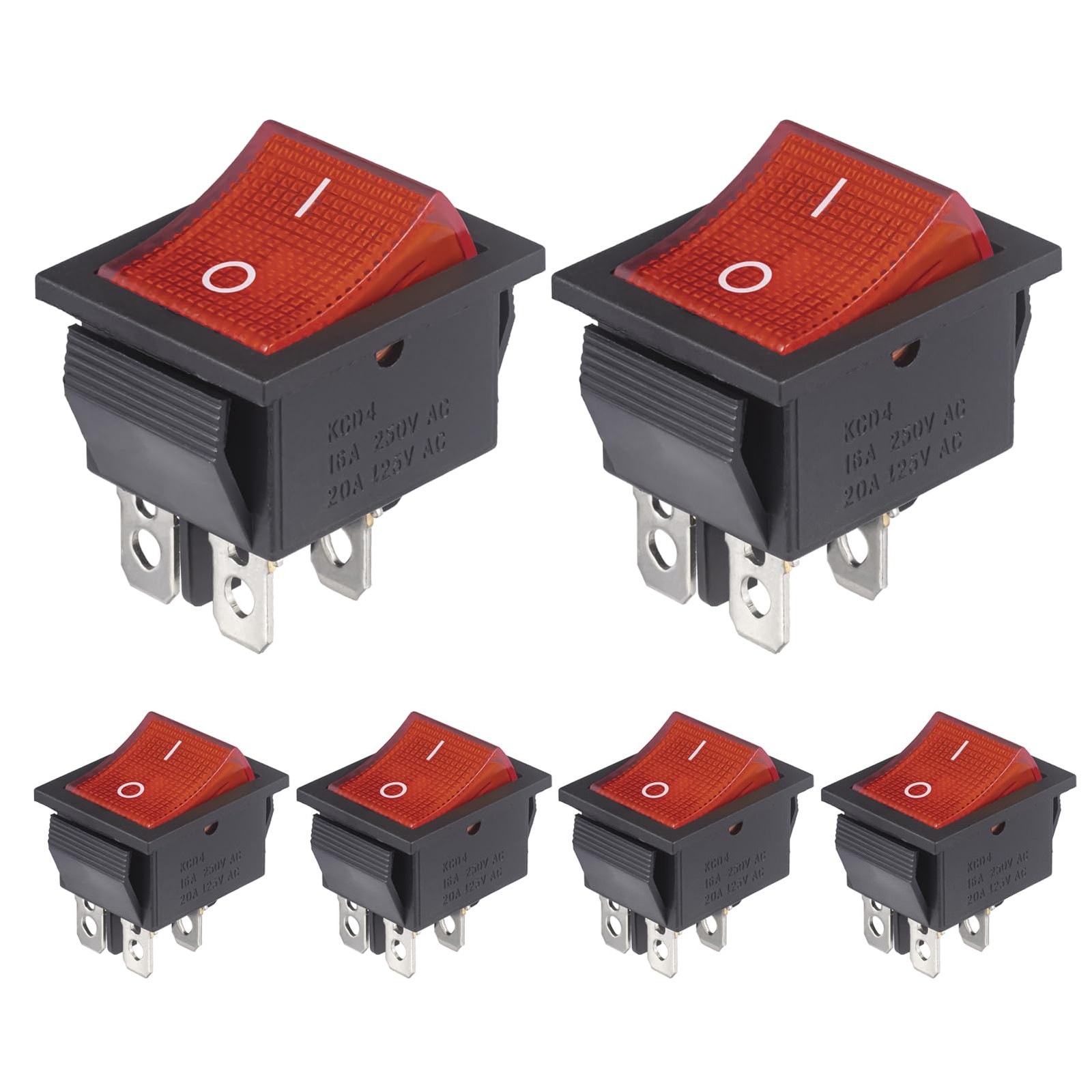 VEXUNGA 6pcs KCD4 Lighted Rocker Switch 20A 125V AC 16A 250V Red Light Illumi...