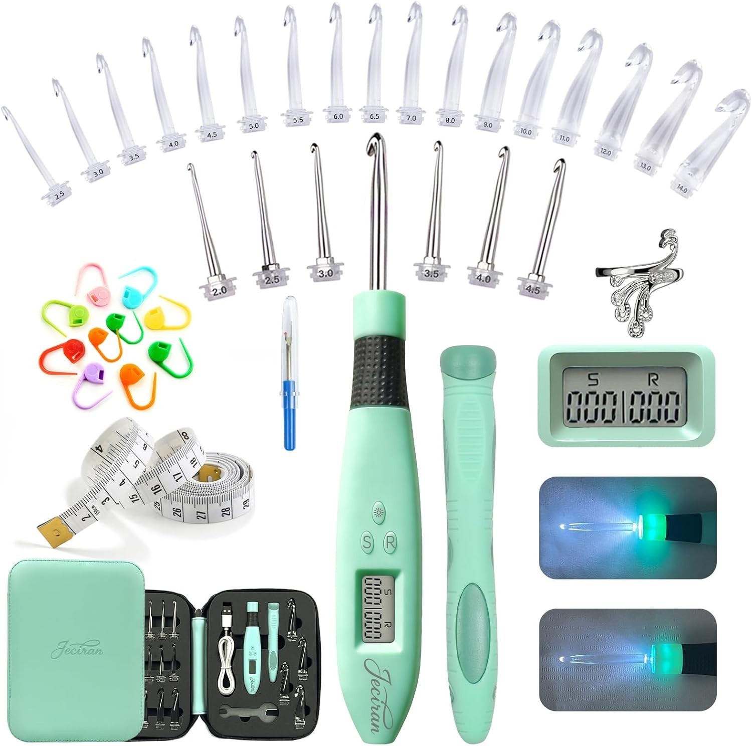 24 in 1 Light Up Crochet Hook Set,Lighted Crochet Hooks with Counter,Counting...