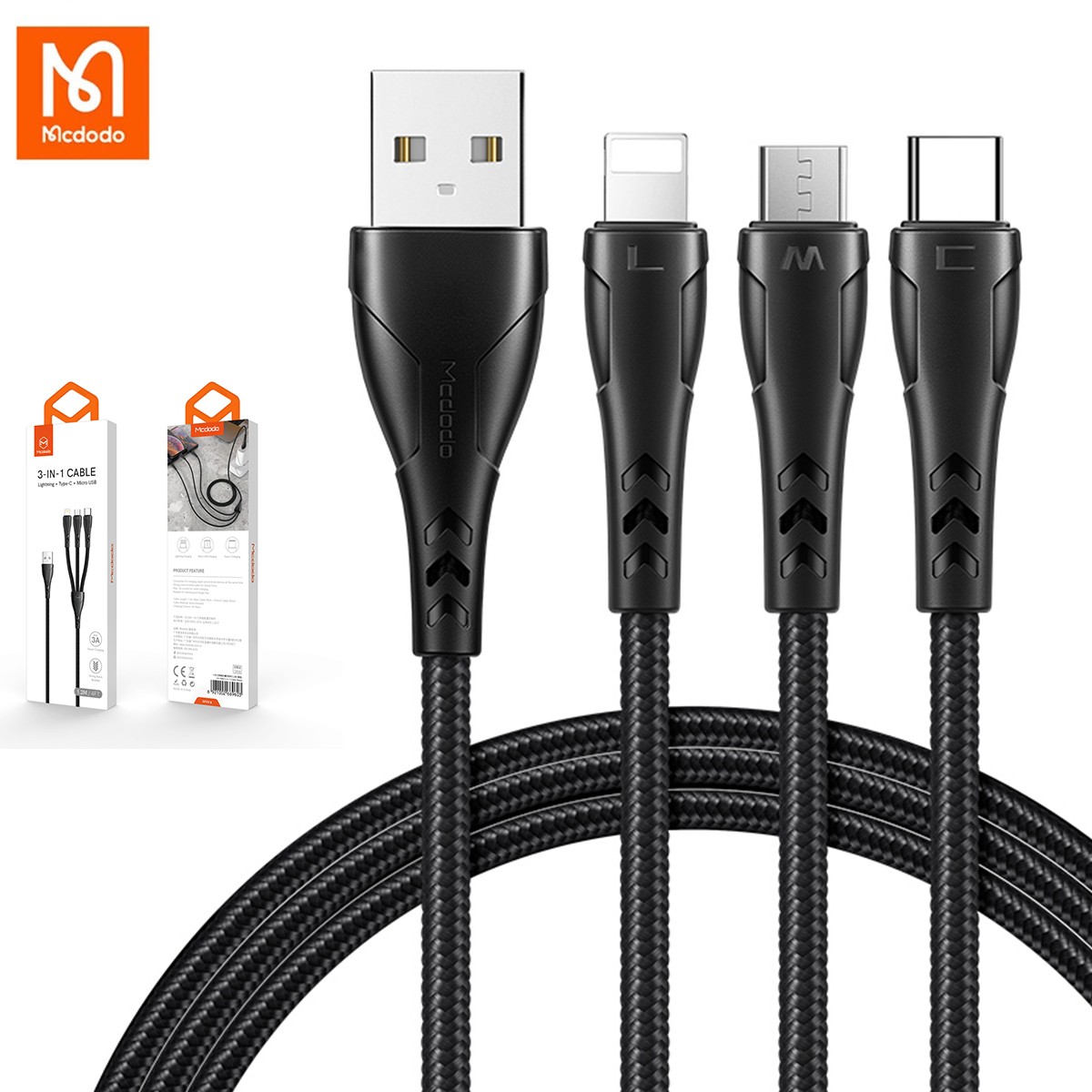 Mcdodo 3 In 1 Nylon Cable iPhone/Micro Usb/Type C Sync Charge For All Devices