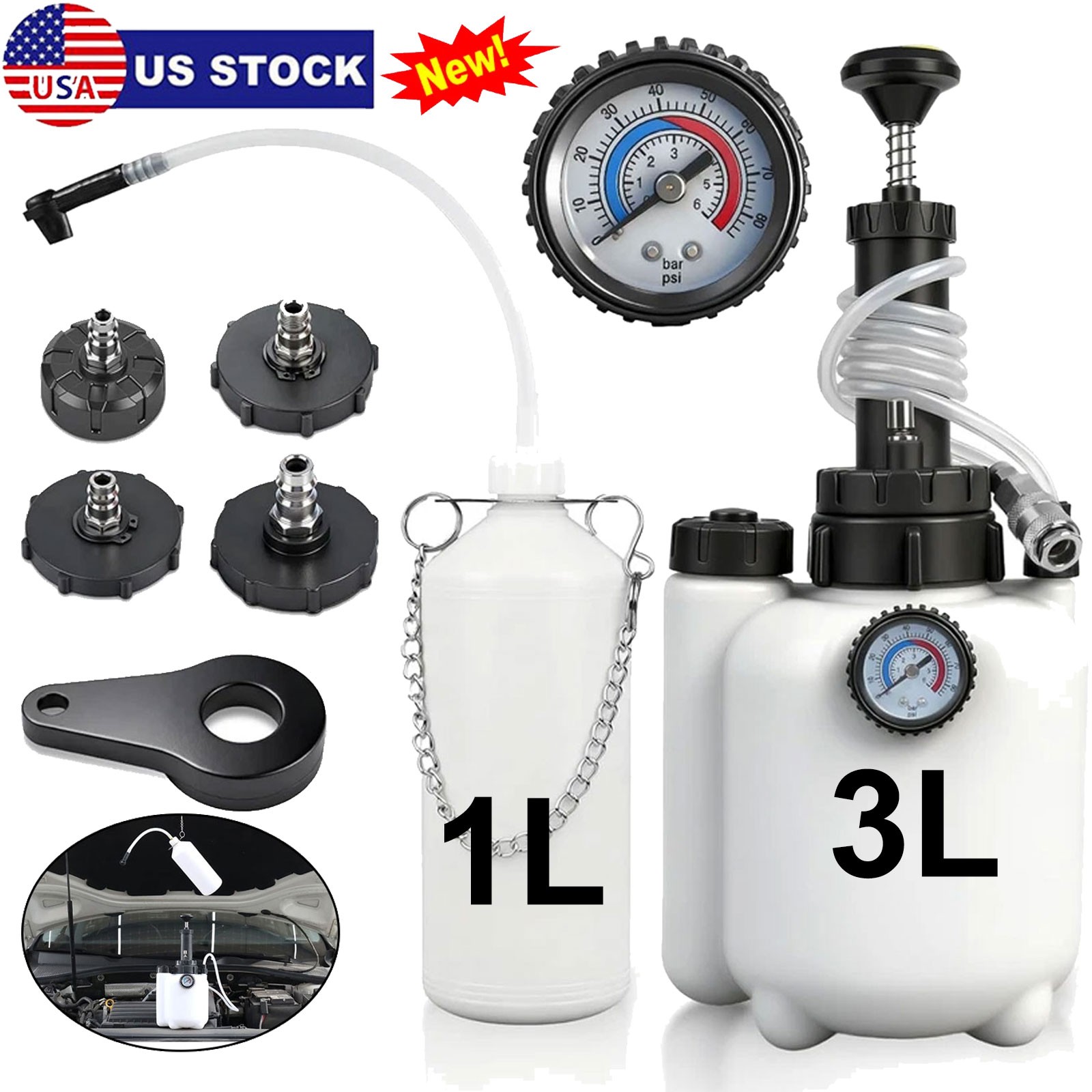 3L Brake Bleeder Kit Manual Fluid Pump W/4 Master Cylinder Adapters 1L Bottle US
