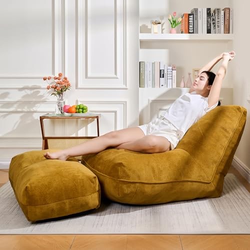 Bean Bag Chair with Ottoman, Comfy Bean Bag Sofa with Memory Foam, Lazy Yellow