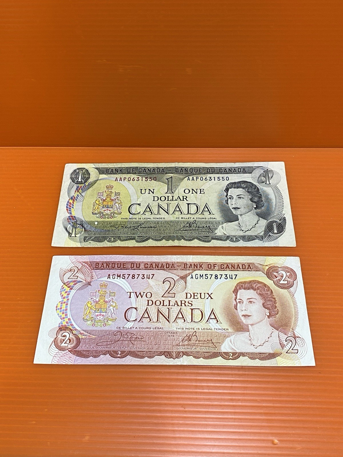 Canada Set 2 1973-1974 Vintage Banknotes $1,2 Use Conditions G 5.5 Free Shipping