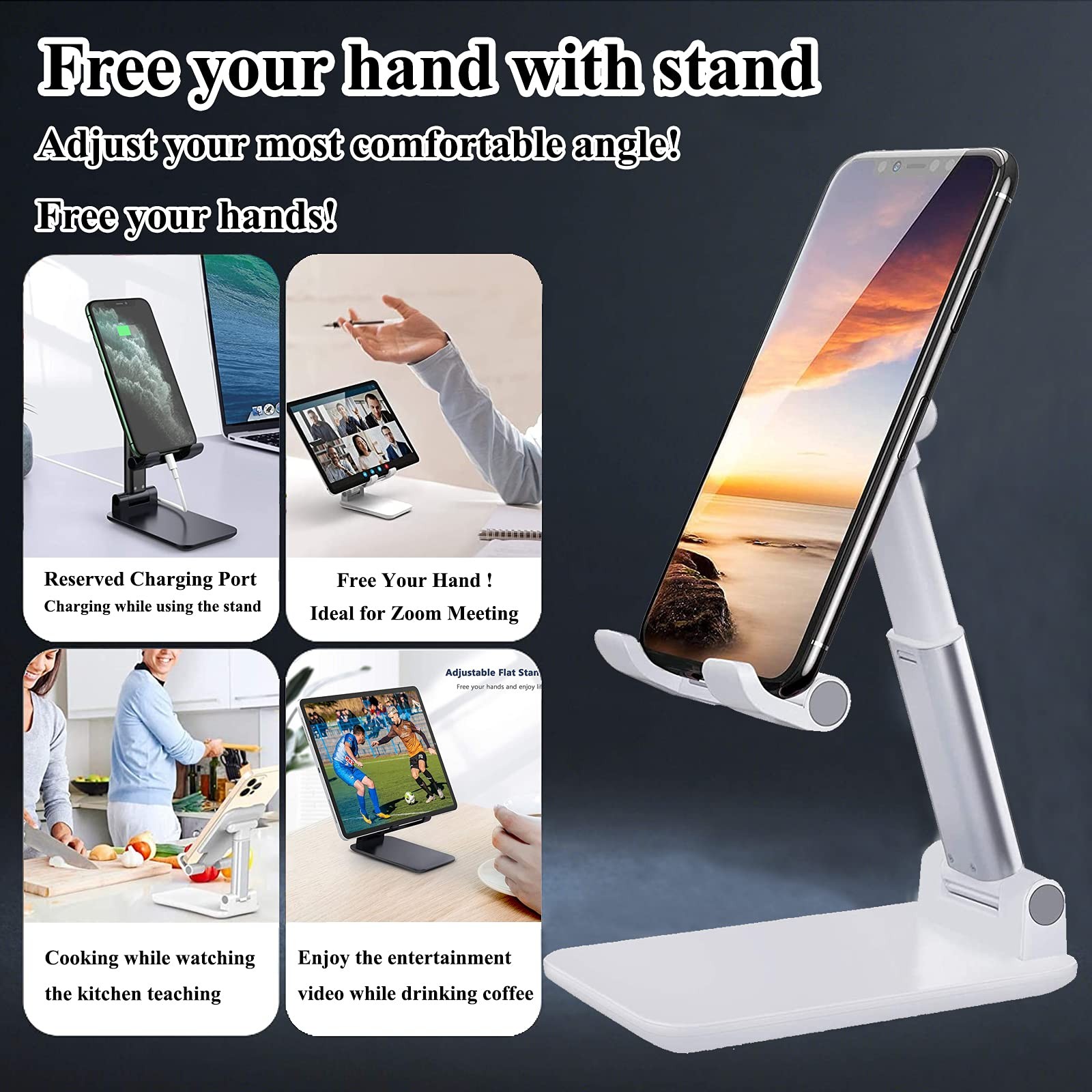 Meetuo 2 Pcs Cell Phone Stand, Adjustable Foldable & Portable, Black+White