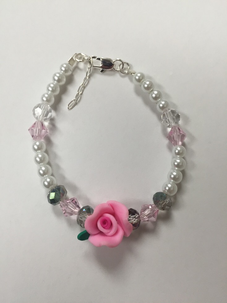 ~5" Handmade Bracelet with beads and clay flower bead