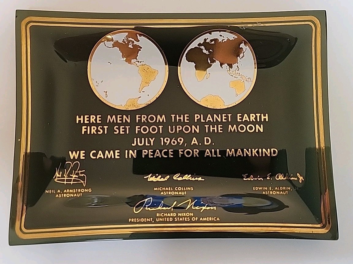 First Moon Landing Glass Plate Display Vintage