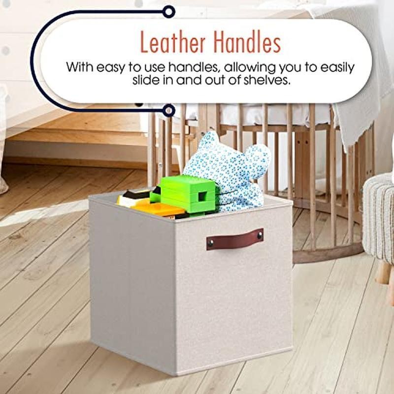 Foldable Storage Cube Bins 6 Pack Durable Fabric Box Organizer W/ Handles Beige