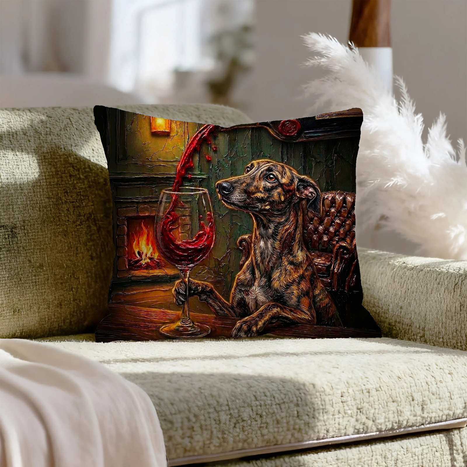 "Wine & Woof" - Greyhound Pillow Cover - Dog Lover Home Decor
