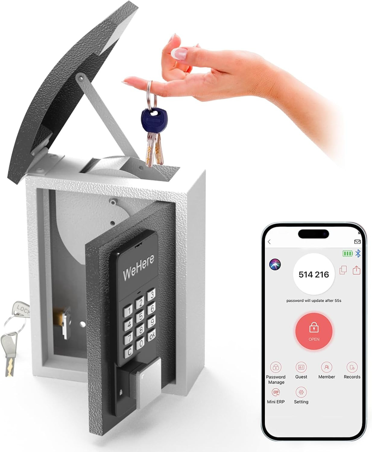 Key Lock Box Wall Mount with Key Drop Slot, Smart Digital Lockbox, OTP/APP Bluet