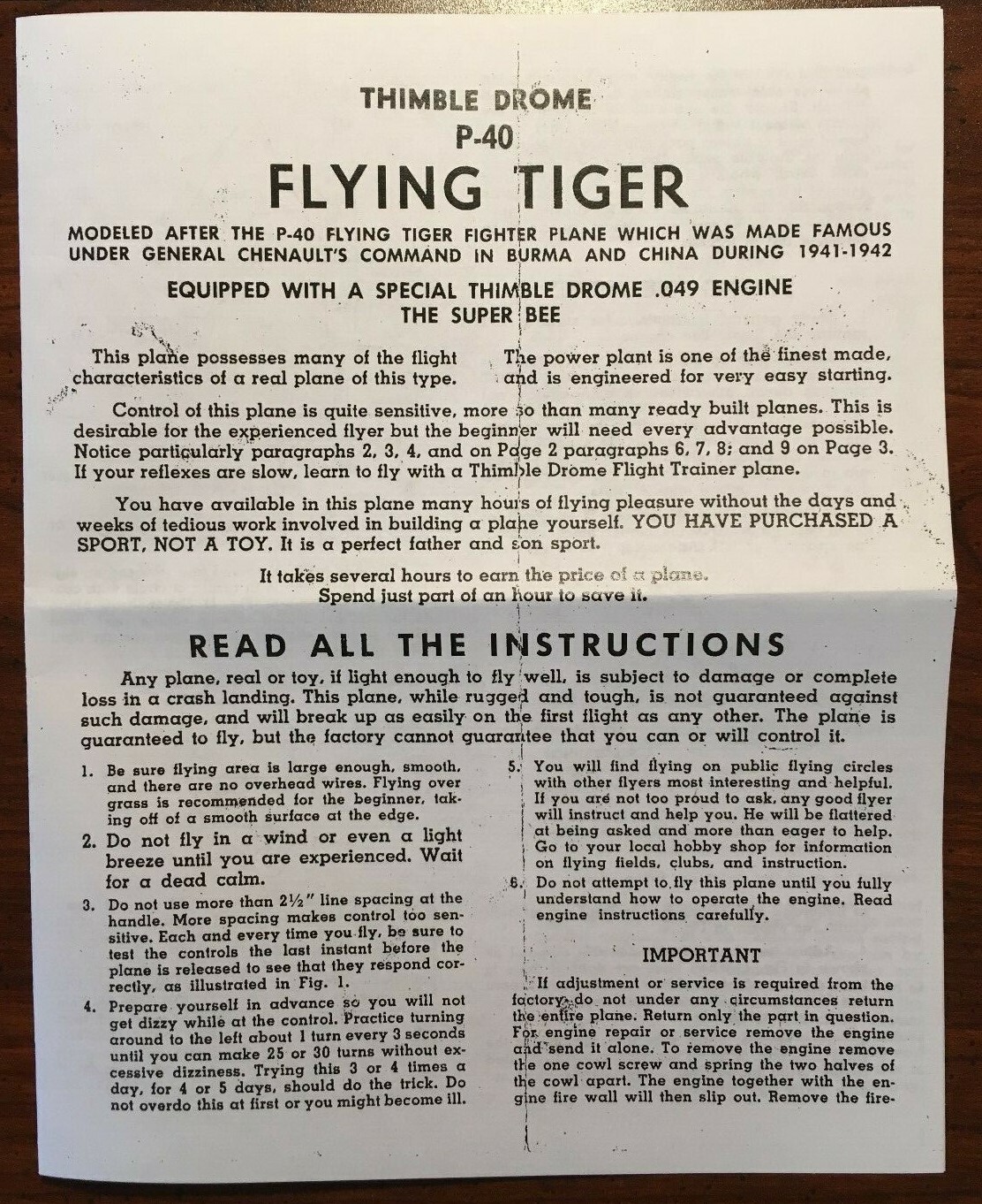 COX THIMBLE DROME .049 P-40 FLYING TIGER  AIRPLANE MANUAL ENGINE INSTRUCTIONS