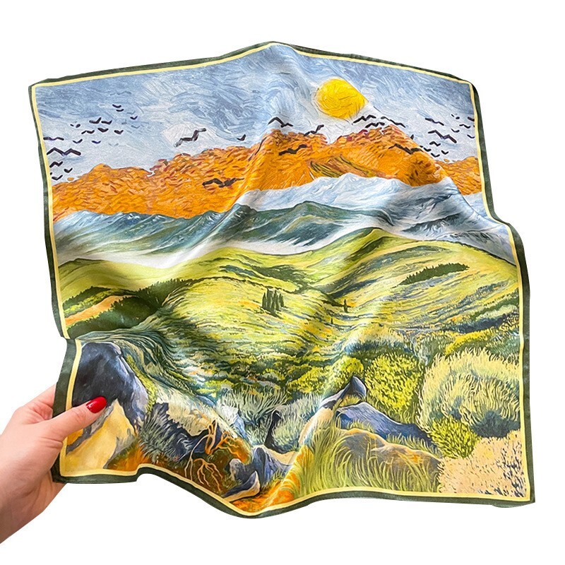 100% Silk 20'' Scarf Small Bandana Women Vintage Oil Painting Headband Kerchief