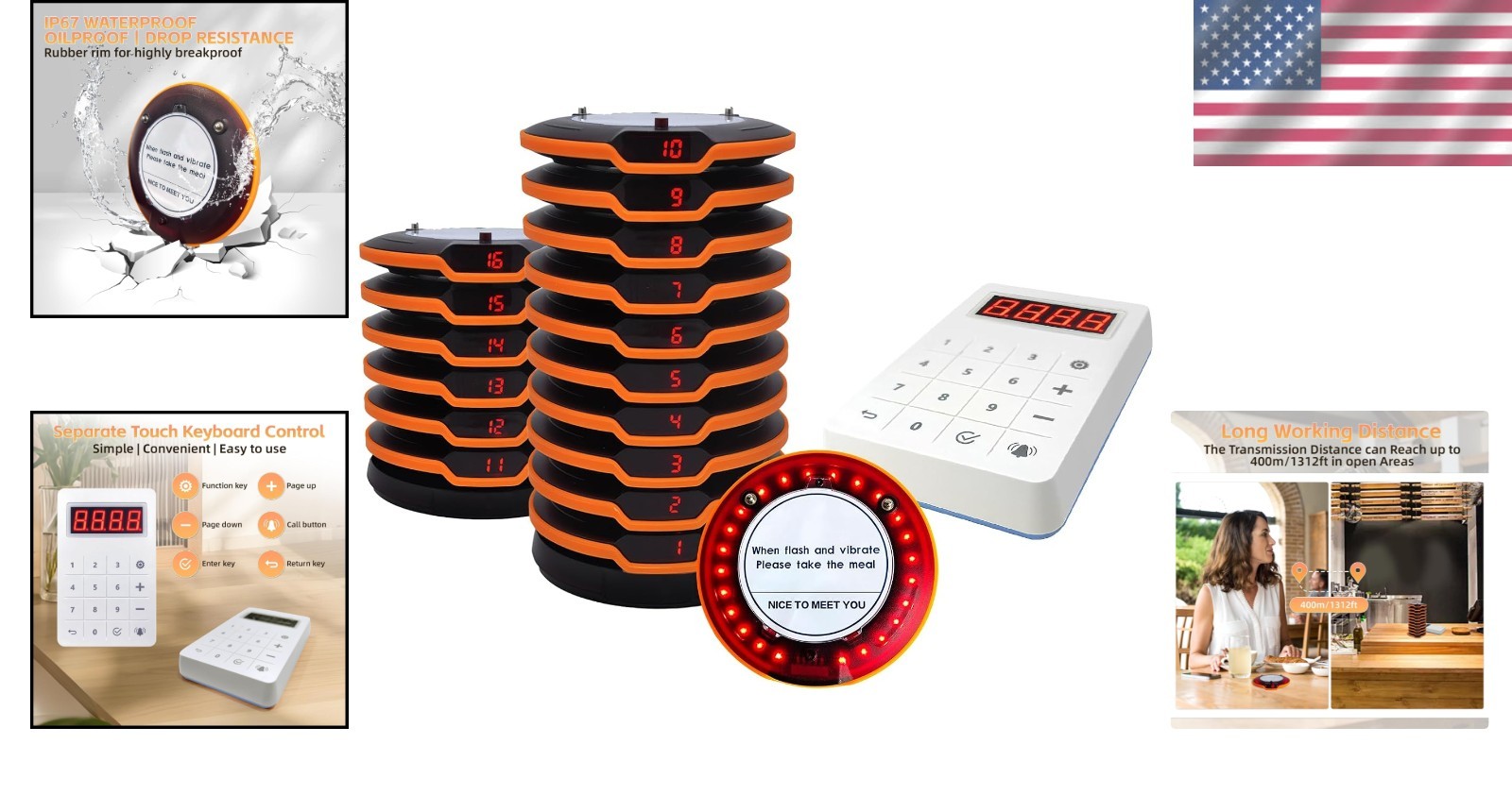 Durable Rechargeable Restaurant Paging System with 16 Buzzers and Charging Bases