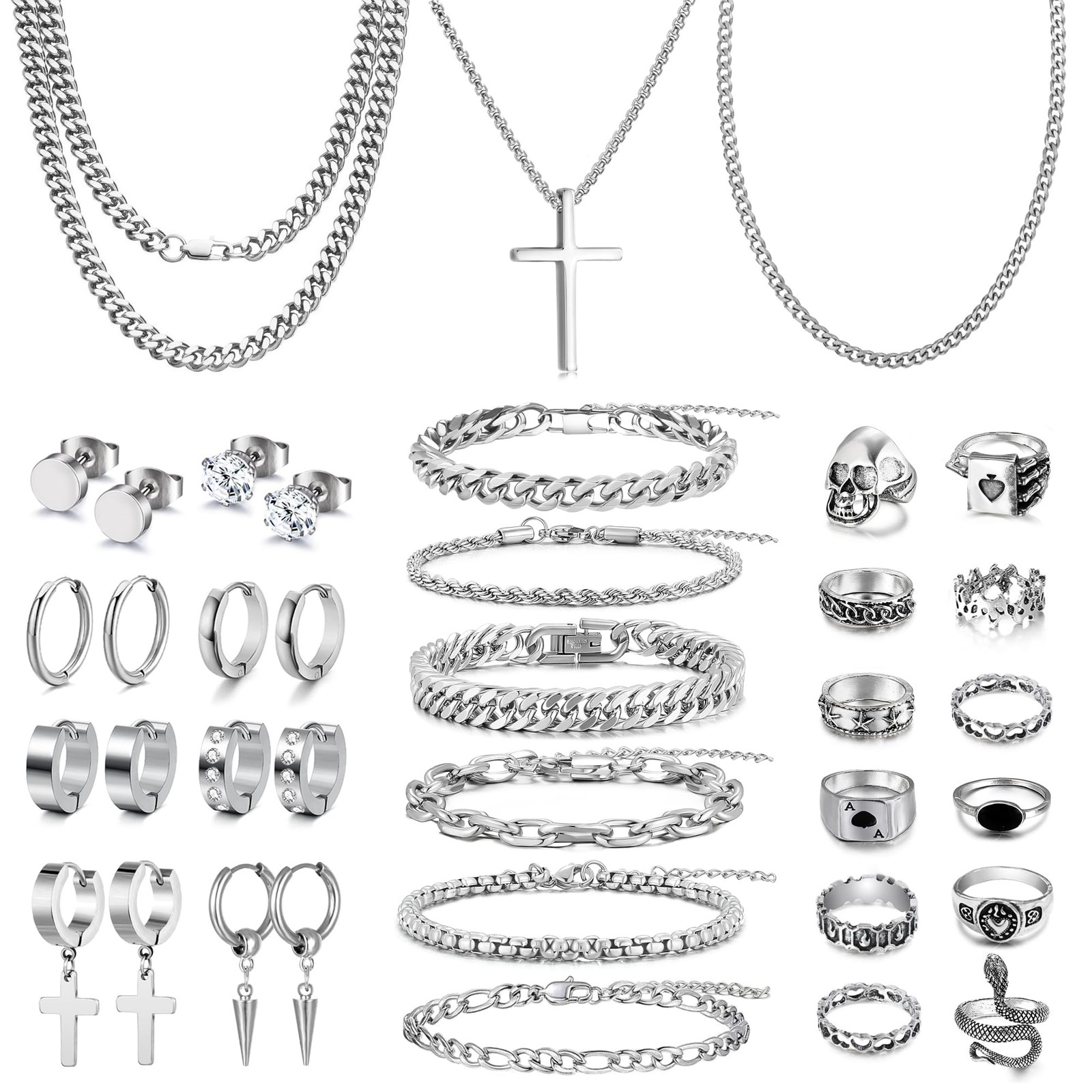 FEYIR 37 Pcs Jewelry Set for Men Stainless Steel Cuban Adjustable, silver